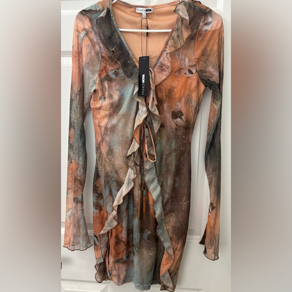 Fashion Nova Artistic Long Sleeve Dress - Earth Tones